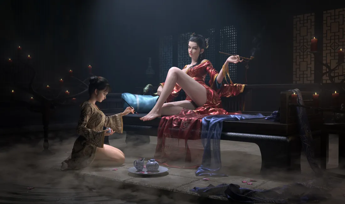 2k古风红衣女子壁纸｜古装侍女 - CG动画「哲风壁纸」