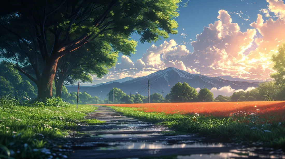 3k漫画风景壁纸｜田园道路背景 - 花田山脉「哲风壁纸」