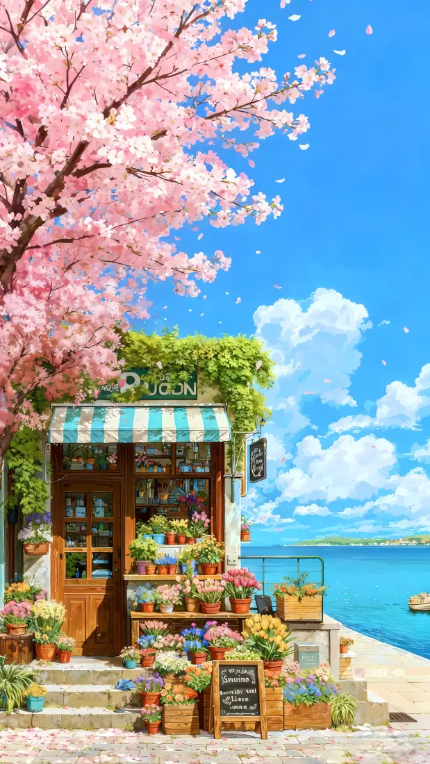 樱花海边房屋手机壁纸｜插画风 - 蓝天大海鲜花「哲风壁纸」