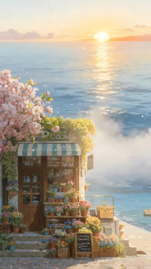 海边房屋插画手机壁纸｜樱花日落背景 - 自然风景「哲风壁纸」
