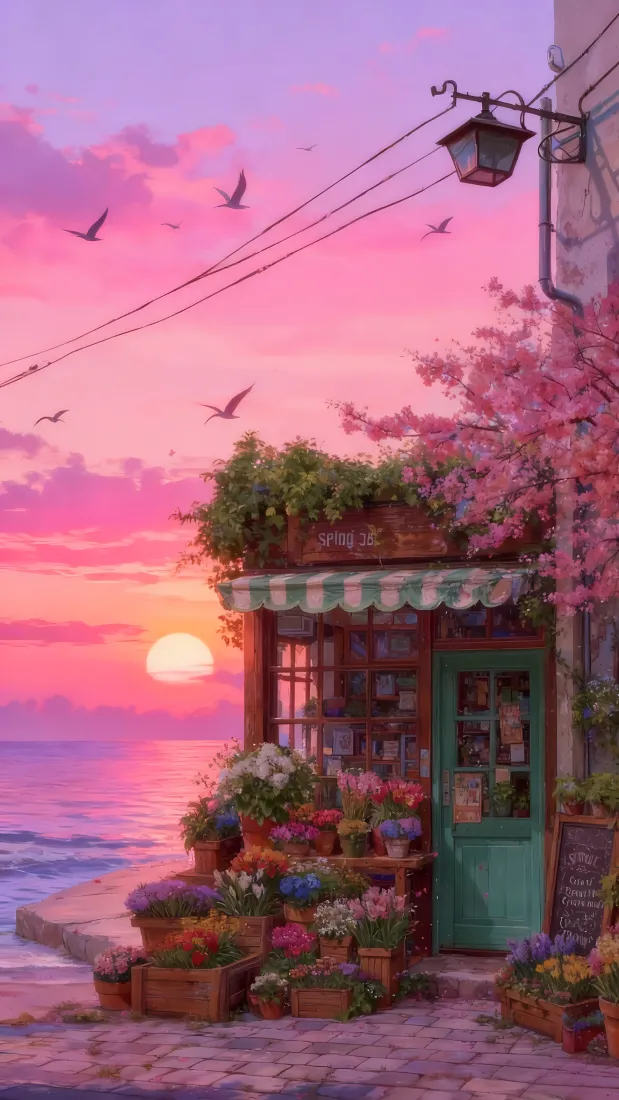 海边房屋插画手机壁纸｜粉日花卉街道「哲风壁纸」