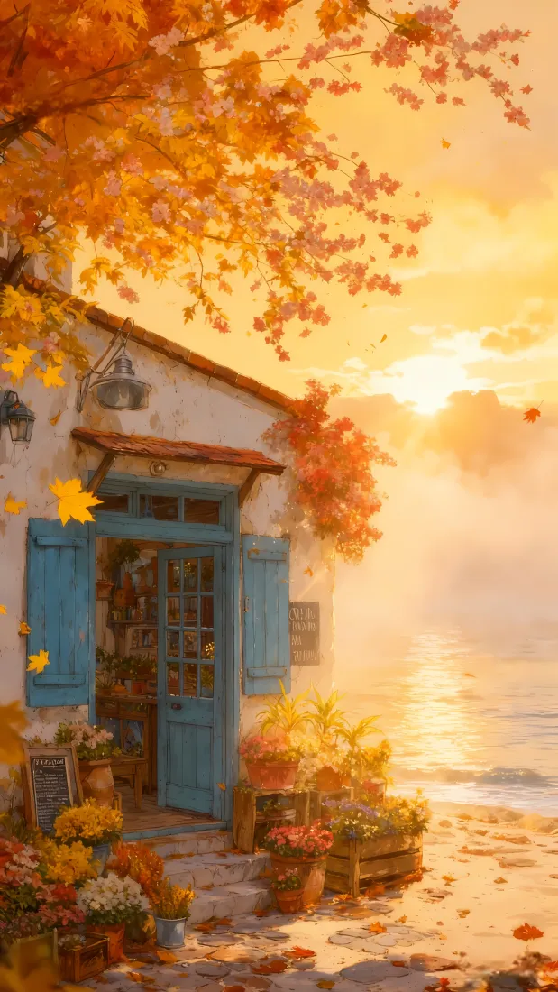 海边房屋枫叶插画手机壁纸｜暖黄背景 - 夕阳沙滩「哲风壁纸」