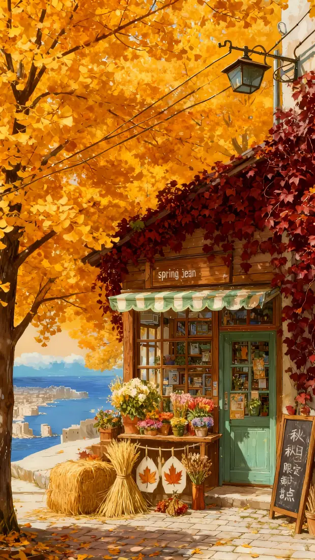 银杏树房屋秋景手机壁纸｜插画风店铺 - 海景「哲风壁纸」
