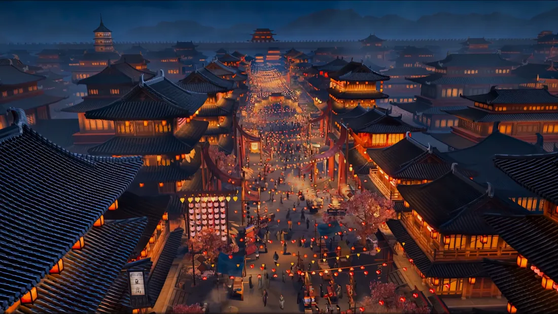 4k凡人修仙传古风城镇壁纸｜夜景灯笼背景图 - 热闹街市「哲风壁纸」
