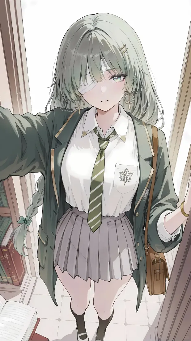 二次元校服少女手机壁纸｜室内背景 - 绿发「哲风壁纸」