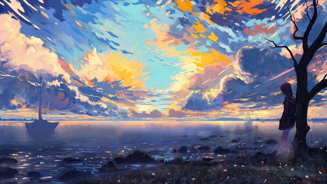 3k手绘湖边人物壁纸｜风景背景 - 船只云彩「哲风壁纸」