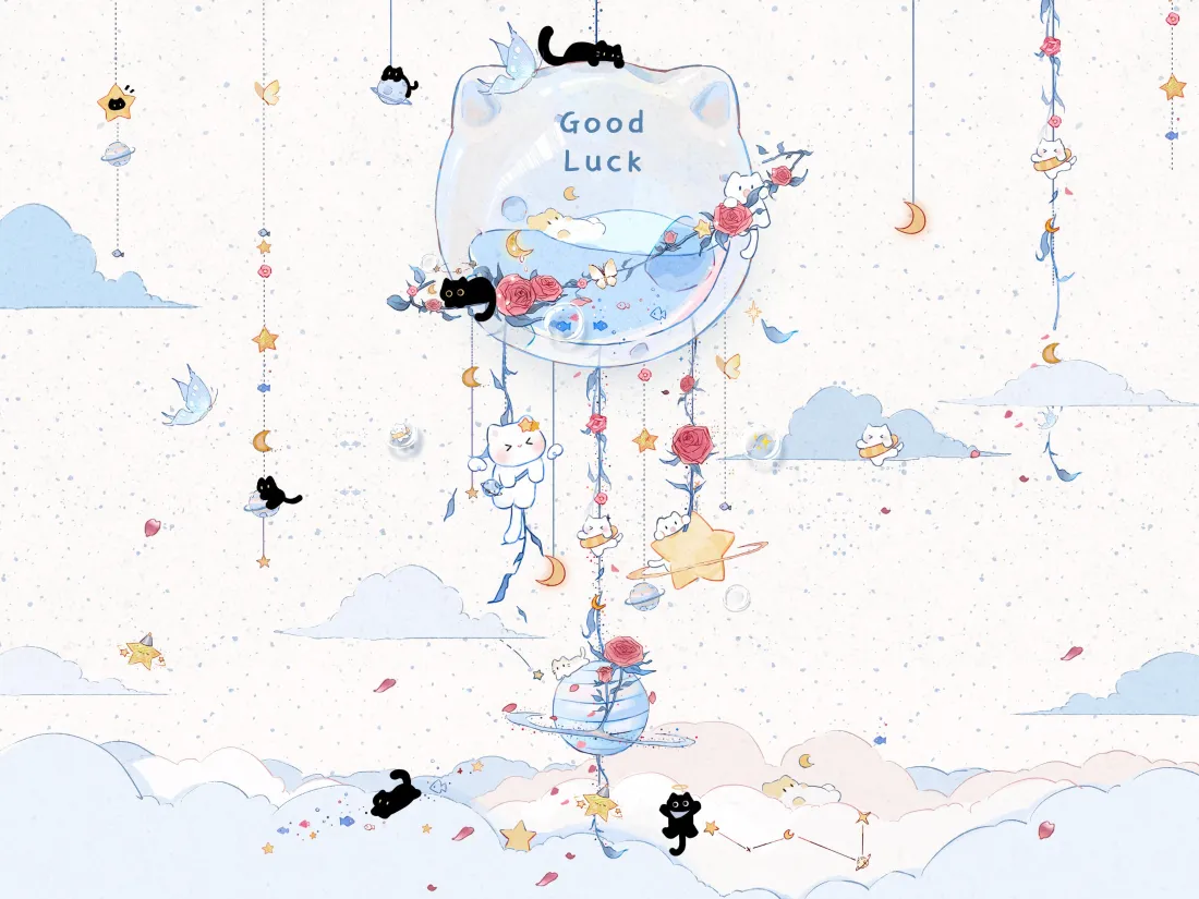 3k手绘风小猫铃铛壁纸｜云朵背景 - GOOD LUCK「哲风壁纸」