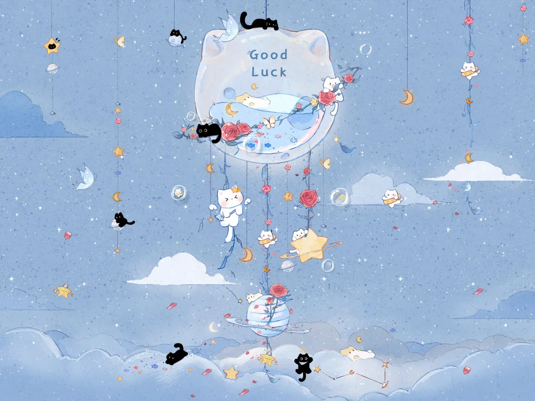 3k手绘小猫铃铛壁纸｜蓝色背景 - 好运「哲风壁纸」