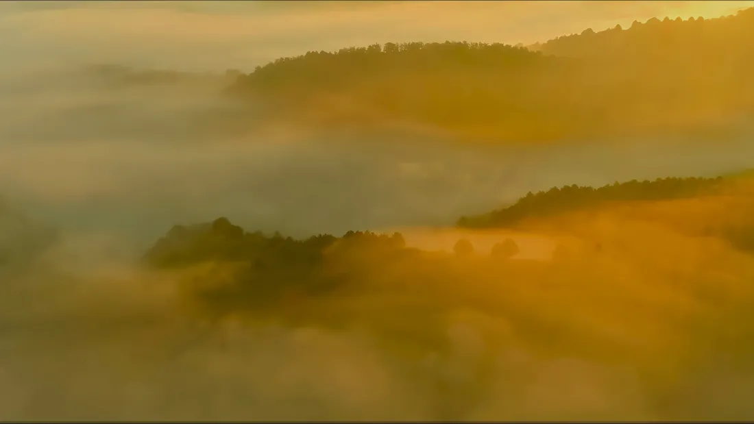 4k山间晨雾风景壁纸｜偏黄自然背景 - 阳光「哲风壁纸」