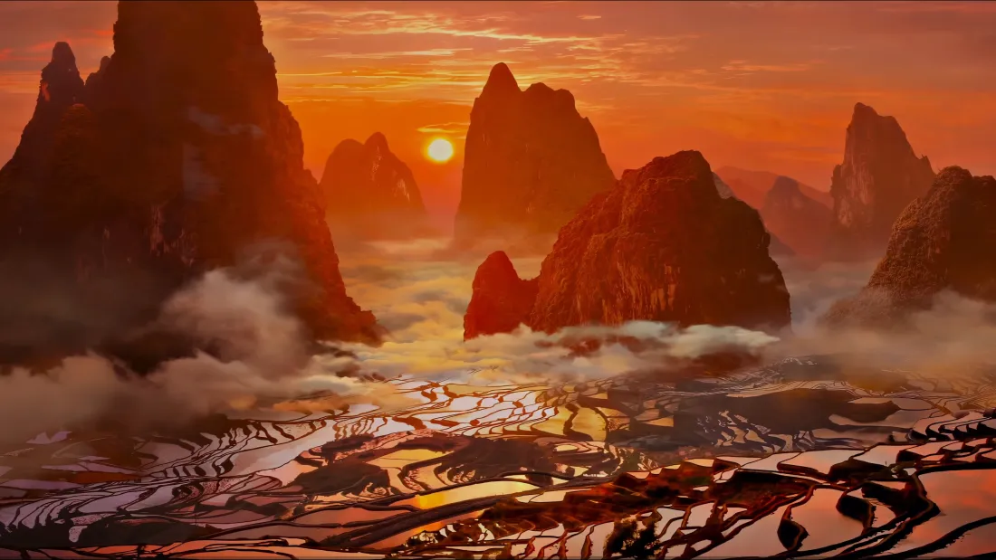 4k凡人修仙传壁纸｜山峦云海日落风景 - 修仙「哲风壁纸」