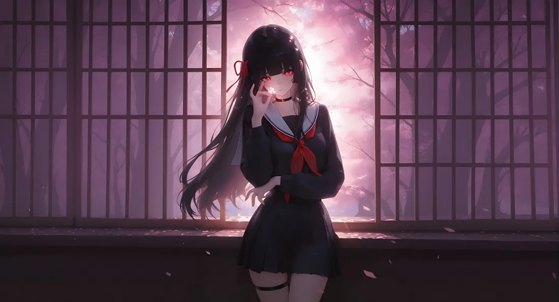 4k鸣潮千咲壁纸｜紫格窗 - 黑制服少女「哲风壁纸」