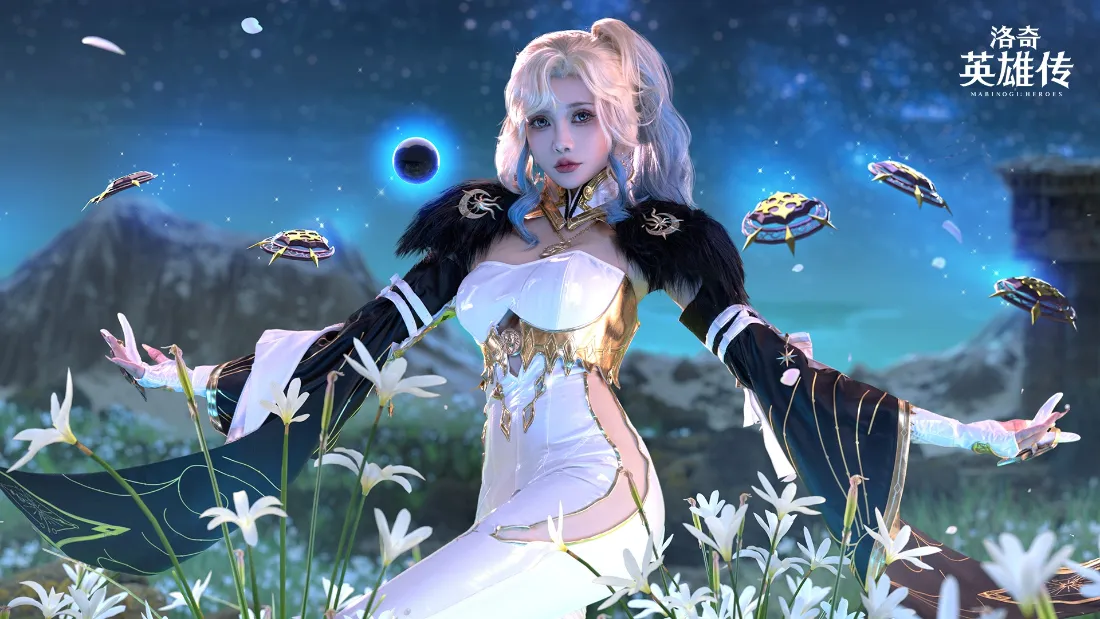 2k洛奇角色壁纸｜星空花朵背景 - 白衣少女「哲风壁纸」