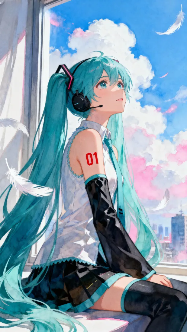 初音未来手机壁纸｜水彩二次元 - 蓝发少女「哲风壁纸」