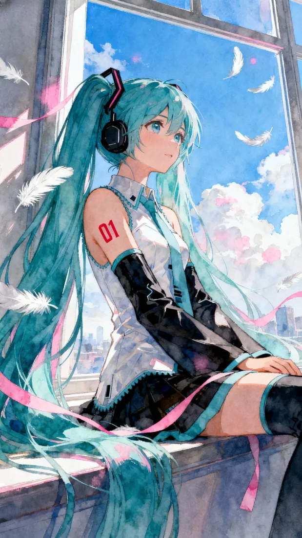 初音未来手机壁纸｜水彩天空 - 羽毛窗台「哲风壁纸」