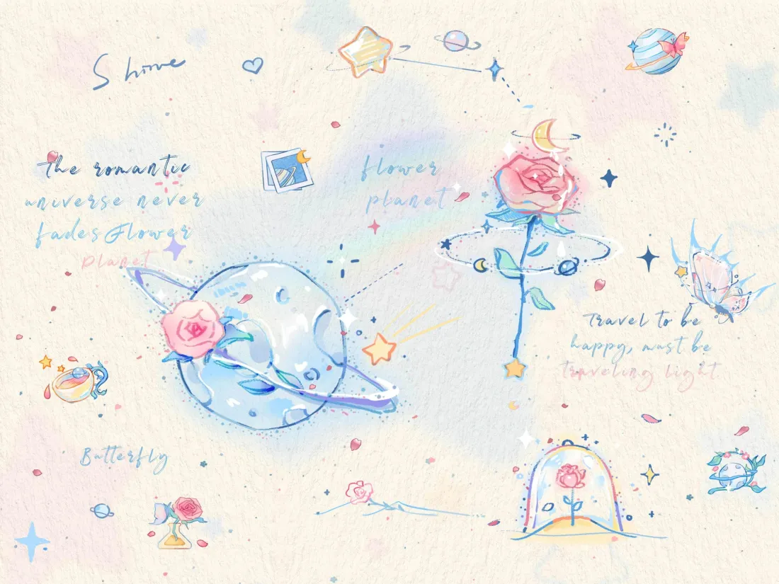 3k仲夏蓝玫瑰手绘壁纸｜星球童话背景 - 水彩「哲风壁纸」