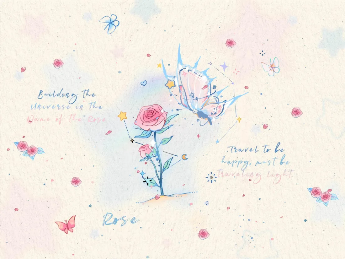 3k手绘风仲夏蓝玫瑰壁纸｜蝴蝶花卉背景 - 梦幻「哲风壁纸」