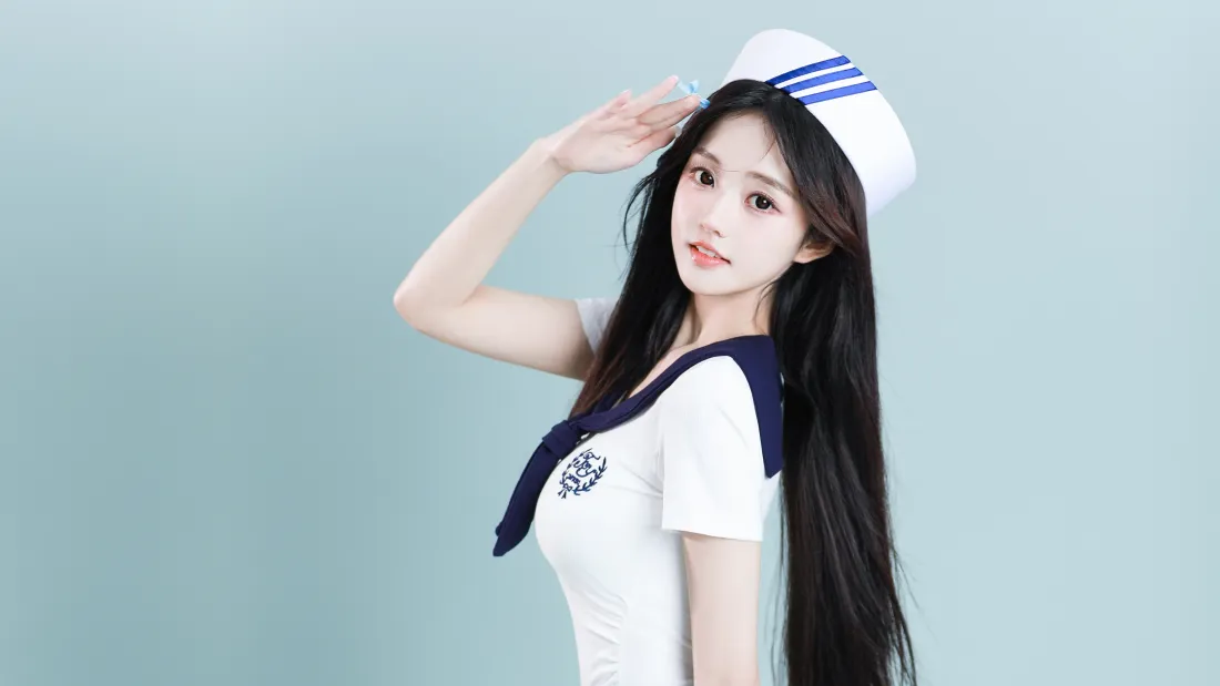 4k水手服美女壁纸｜浅蓝背景 - 清纯职装「哲风壁纸」