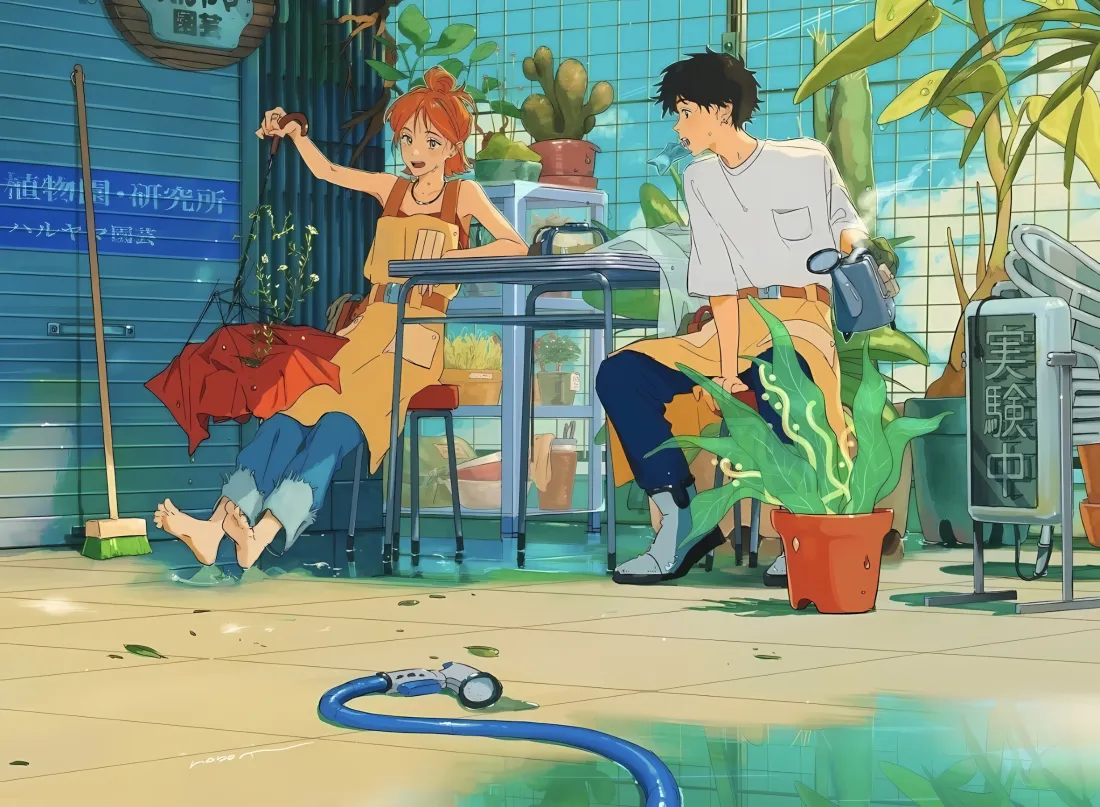 2k动漫情侣室内绿植壁纸｜温馨背景 - 水管「哲风壁纸」