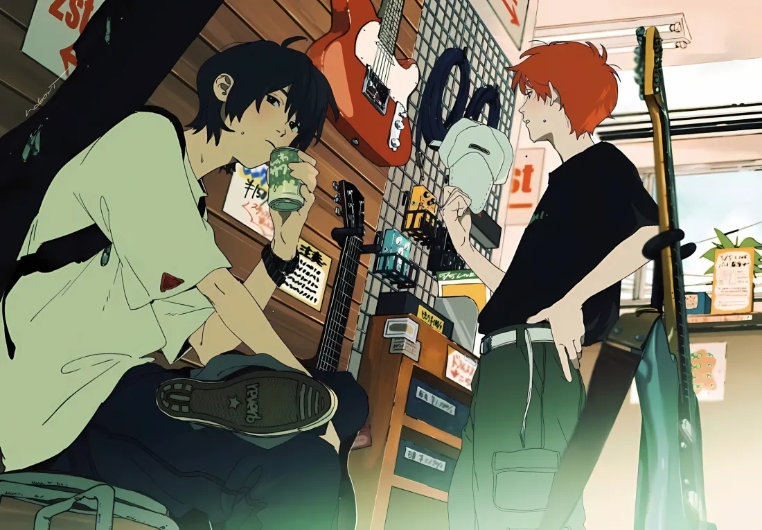2k动漫男孩吉他壁纸｜音乐店铺背景 - 红发黑发男孩「哲风壁纸」