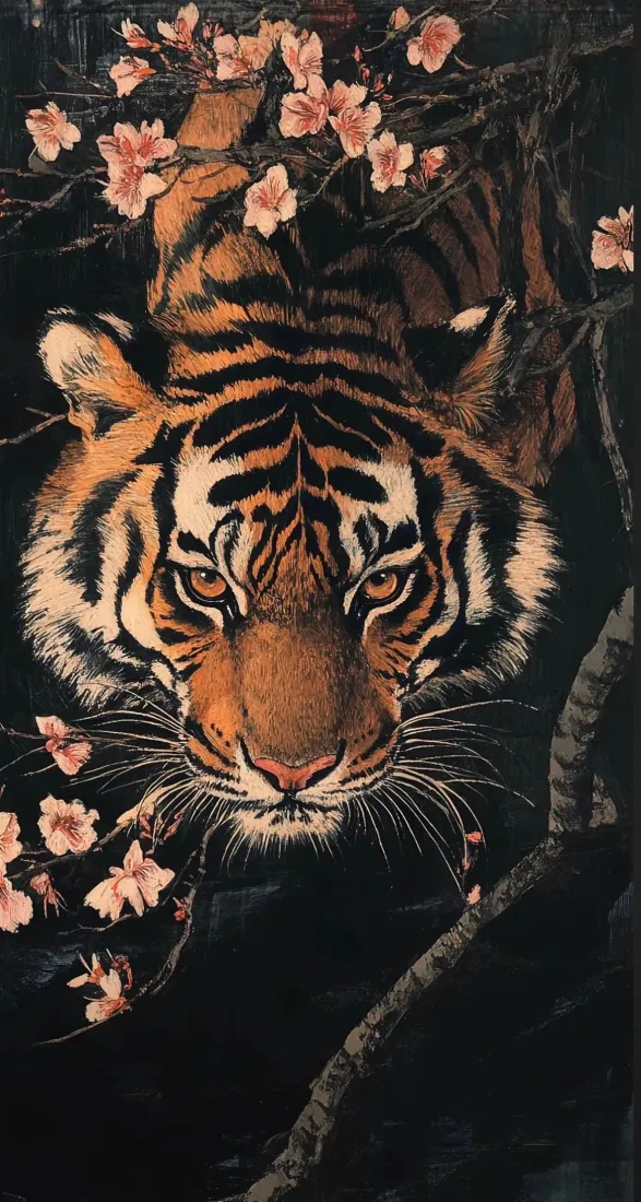 老虎梅花手机壁纸｜暗色背景 - 犀利猛兽「哲风壁纸」