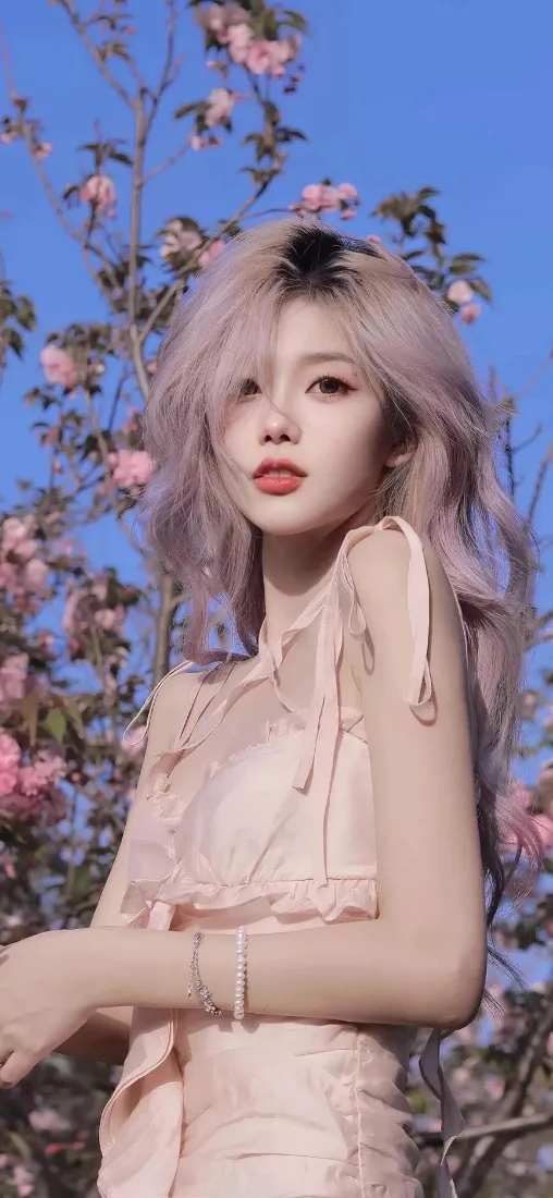 紫发美女手机壁纸｜粉色花背景 - 浅粉裙「哲风壁纸」