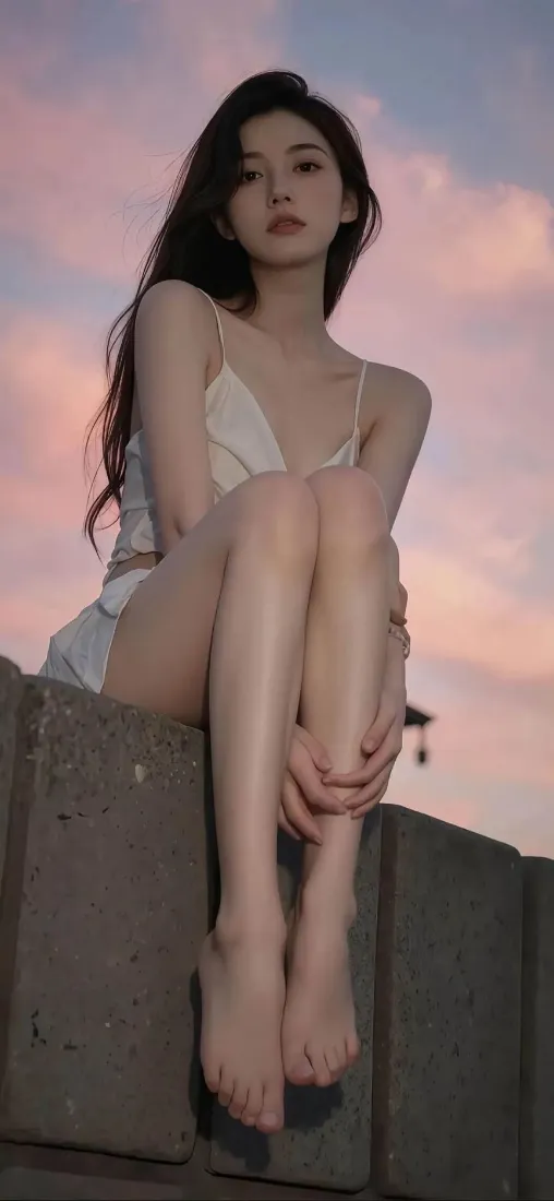 美女吊带裙晚霞手机壁纸｜粉霞背景 - 迷人「哲风壁纸」