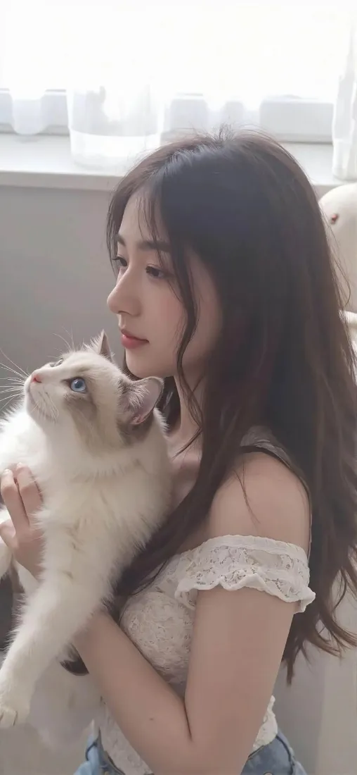美女抱布偶猫手机壁纸｜室内背景 - 长发美女「哲风壁纸」