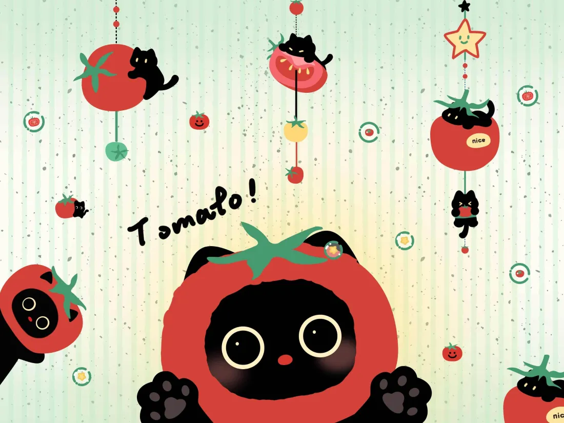 3k黑猫番茄手绘壁纸｜可爱卡通背景 - Tomato「哲风壁纸」