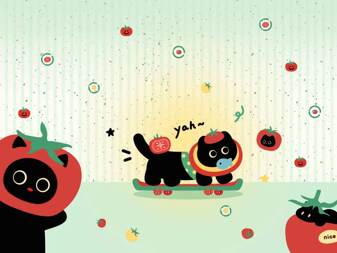 3k黑猫番茄滑板手绘壁纸｜卡通 - 可爱「哲风壁纸」