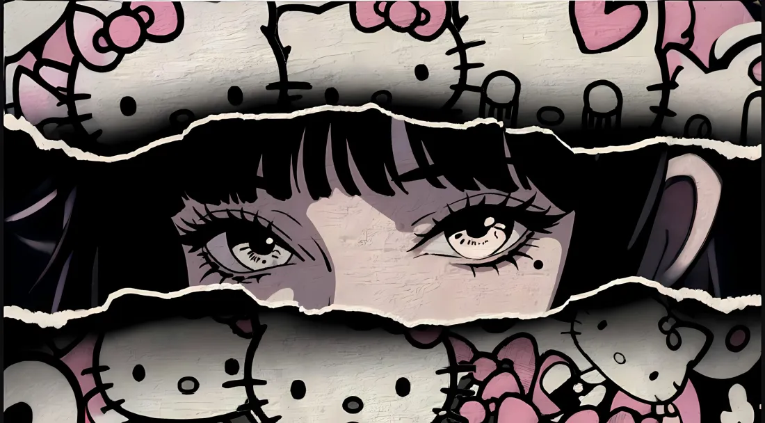 2k富江×Kitty壁纸｜撕裂背景 - 眼部特写「哲风壁纸」