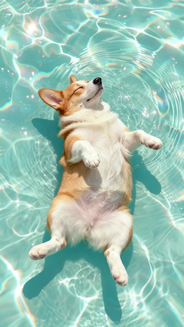 柯基犬戏水手机壁纸｜碧水背景 - 萌宠清凉「哲风壁纸」