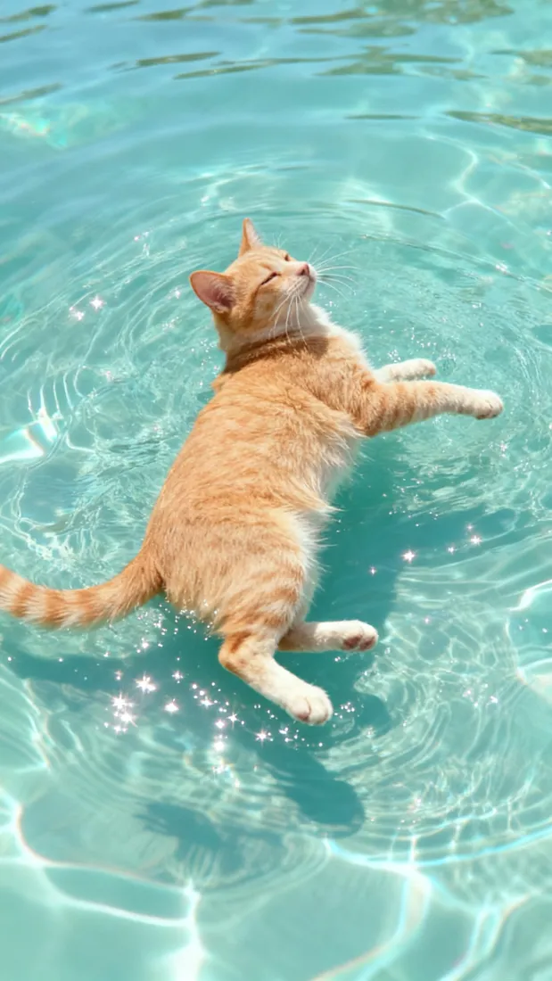 橘猫戏水手机壁纸｜碧水背景 - 萌宠清凉「哲风壁纸」