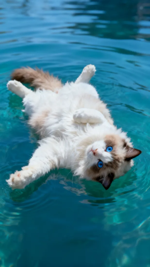 布偶猫戏水手机壁纸｜碧水萌宠 - 可爱猫咪游泳「哲风壁纸」
