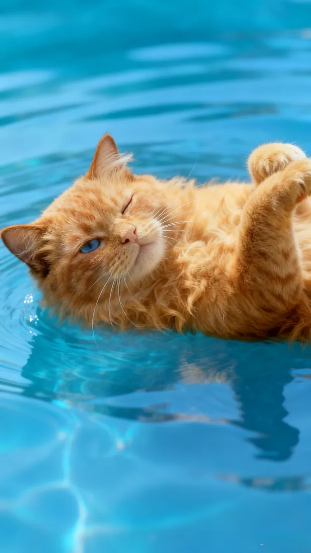 橘毛猫戏水手机壁纸｜碧水背景 - 萌宠「哲风壁纸」