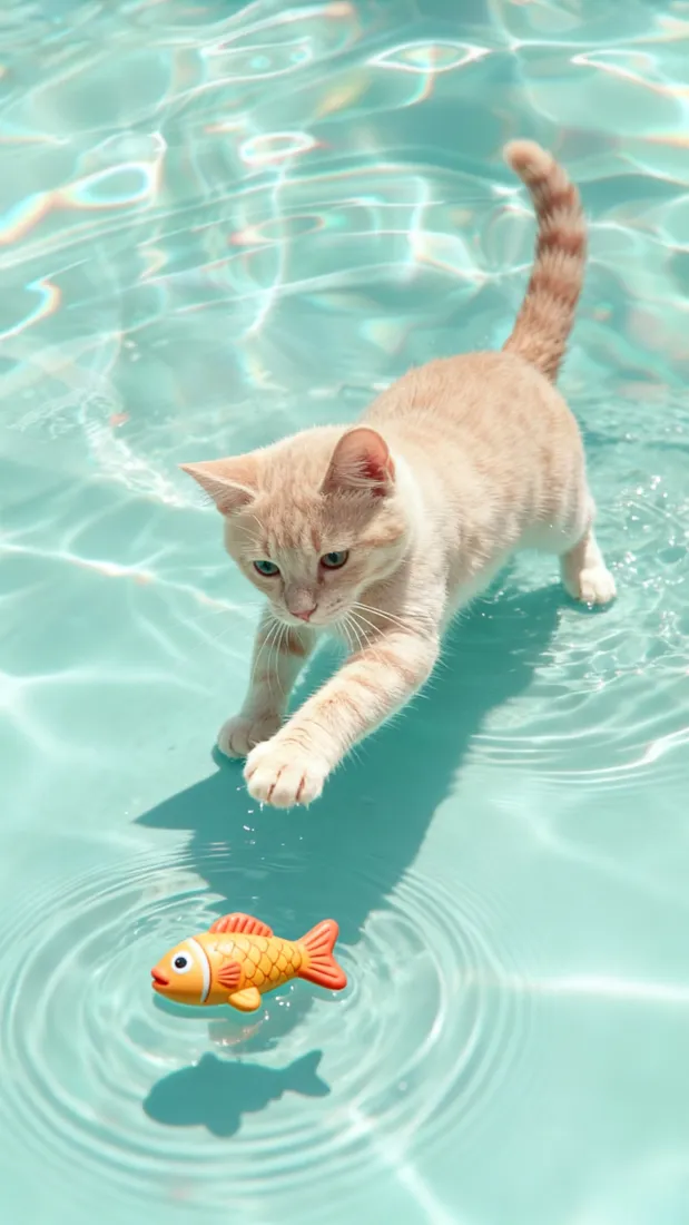 橘猫戏水手机壁纸｜碧水玩具鱼背景 - 萌宠「哲风壁纸」