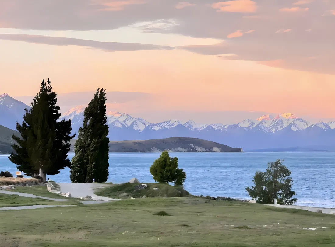 2k自然风景壁纸｜草地湖泊山峰 - 晚霞「哲风壁纸」