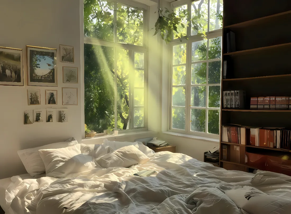 2k卧室阳光绿树壁纸｜室内背景图片 - 床「哲风壁纸」