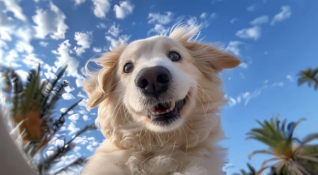 2k金毛萌宠自拍壁纸｜蓝天棕榈背景 - 户外「哲风壁纸」