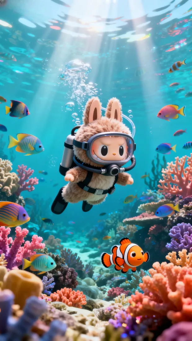 LABUBU潜水手机壁纸｜海洋海底 - 珊瑚小丑鱼「哲风壁纸」
