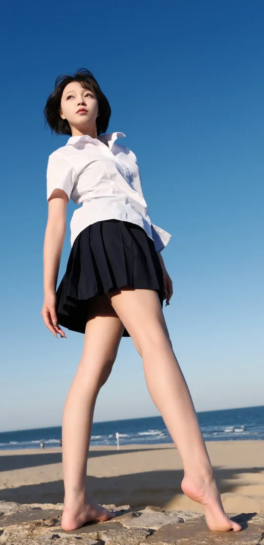 jk少女海滩手机壁纸｜蓝天海景背景 - 赤脚制服「哲风壁纸」