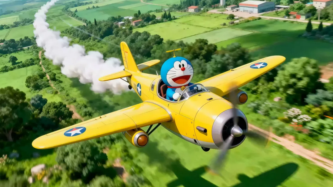 4k哆啦A梦开飞机壁纸｜乡野田野背景图片 - 卡通飞行「哲风壁纸」