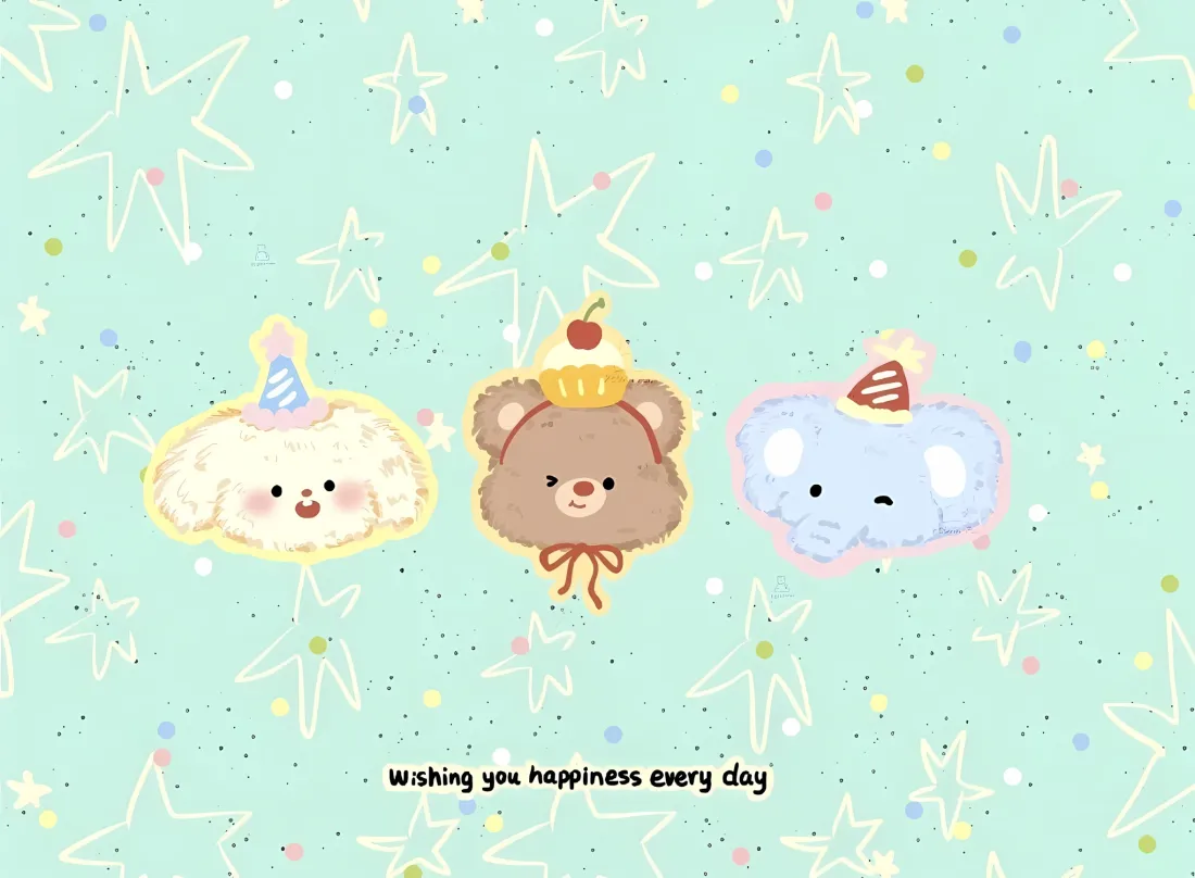 2k卡通动物壁纸｜浅绿星星背景 - 小狗小熊小象「哲风壁纸」