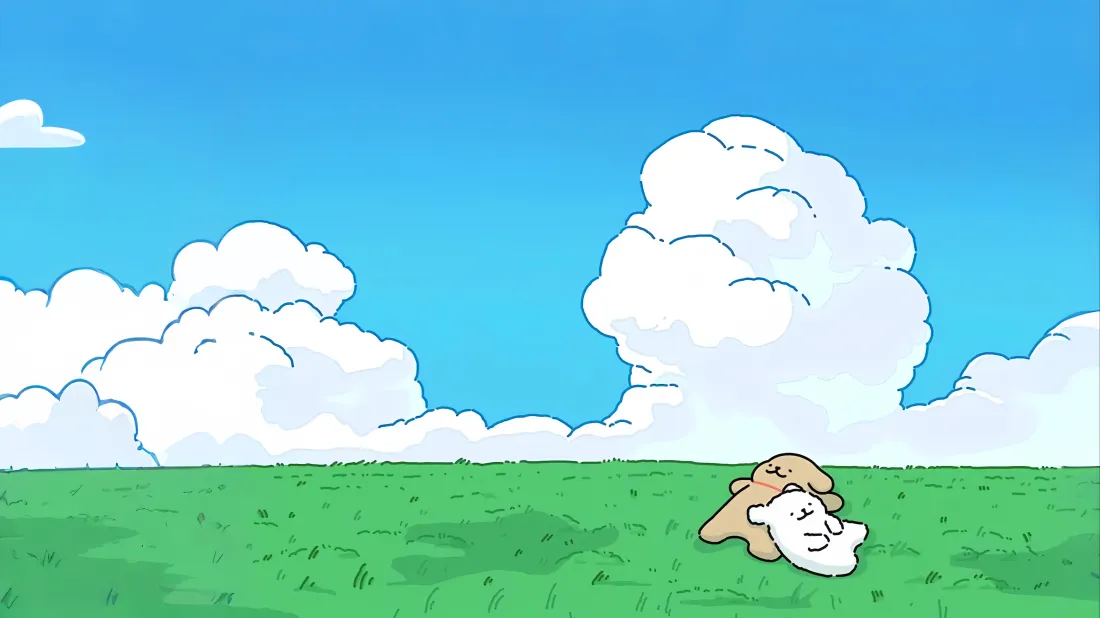 5k线条小狗壁纸｜蓝天白云草地 - 草地小憩「哲风壁纸」