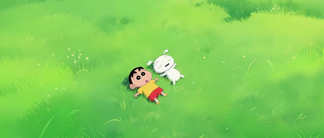 8k蜡笔小新与小白壁纸｜绿草地背景 - 草地小憩「哲风壁纸」