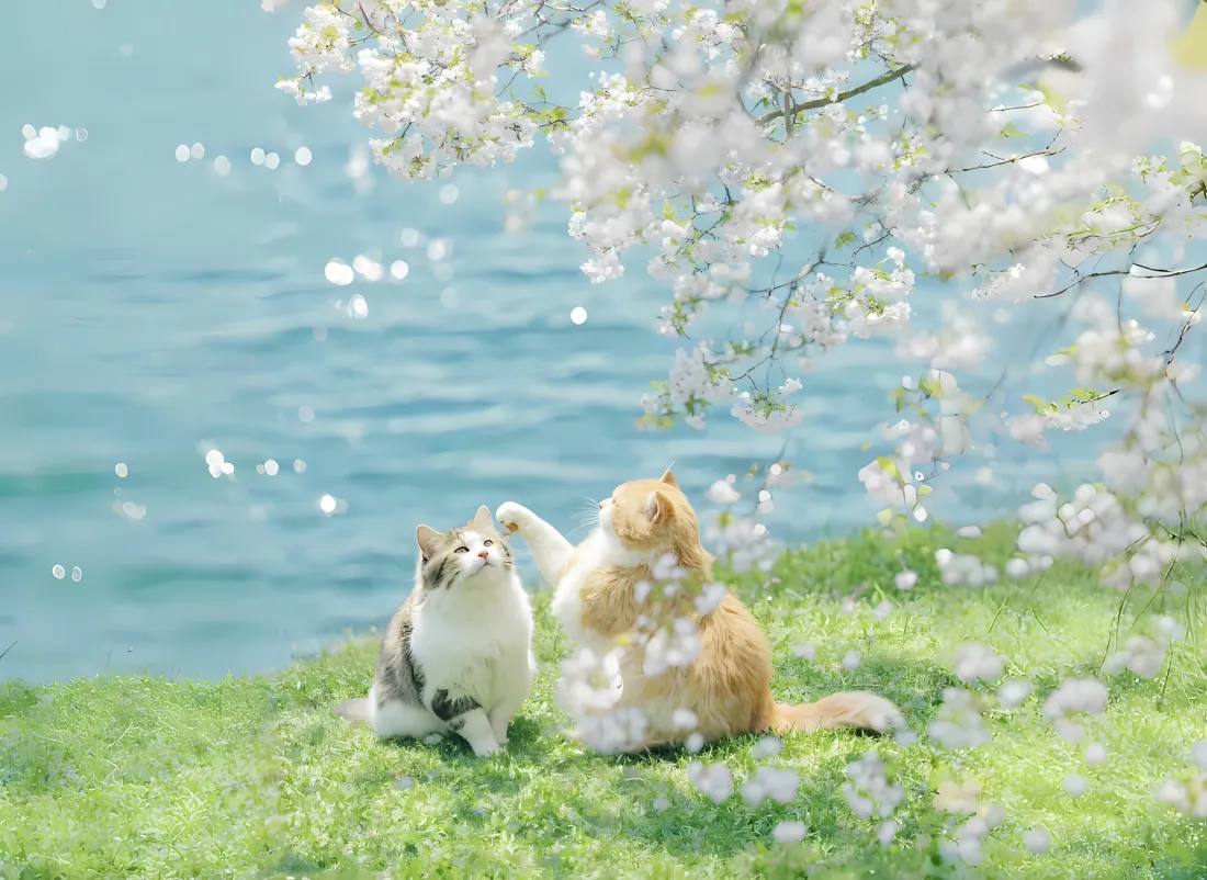 2k小猫梨花湖水壁纸｜春日草地 - 猫咪互动「哲风壁纸」