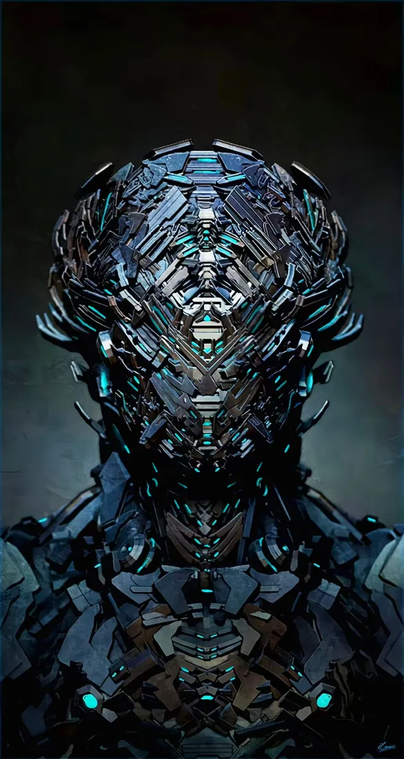 科幻机械装甲手机壁纸｜蓝背景 - 复杂机甲「哲风壁纸」