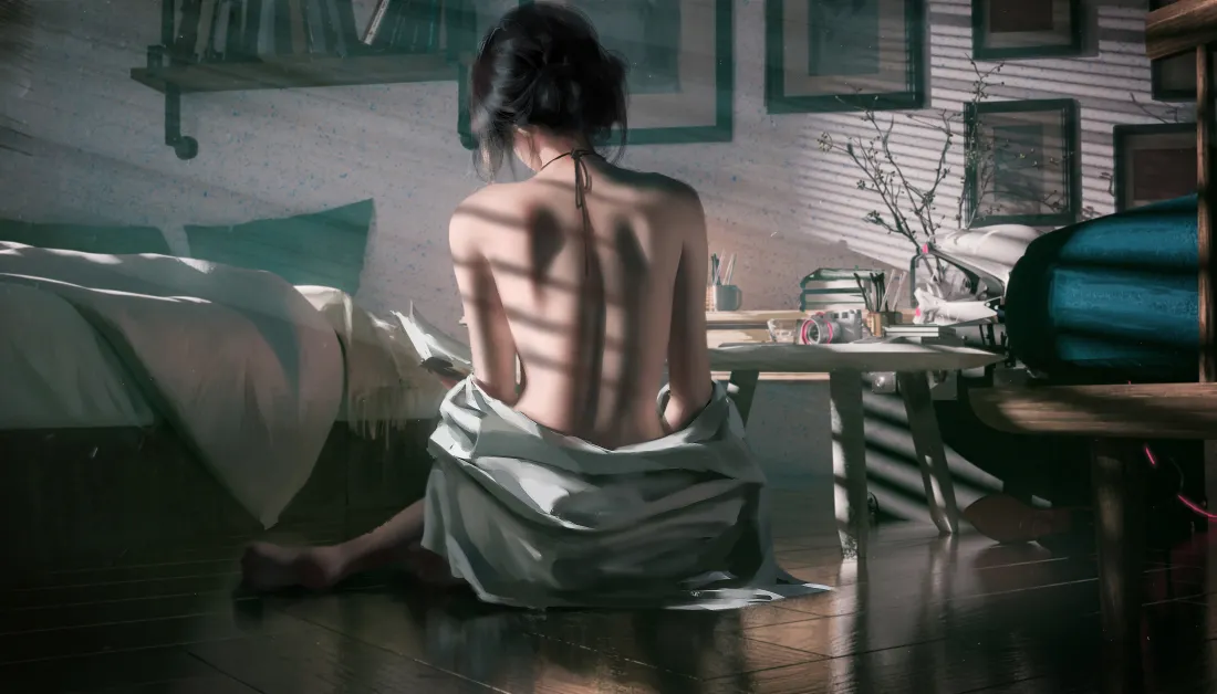 6k背影美女壁纸｜室内光影背景 - 艺术插画「哲风壁纸」