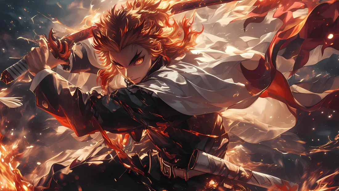 4k鬼灭之刃炼狱杏寿郎壁纸｜火焰战斗 - 日轮刀「哲风壁纸」