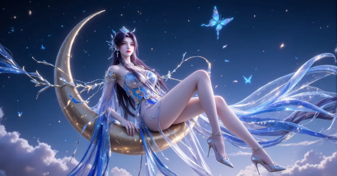 7k云望舒壁纸｜月亮星空背景 - 蓝色飘带「哲风壁纸」