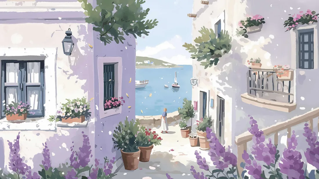 4k手绘地中海小镇壁纸｜薰衣草海景 - 插画「哲风壁纸」